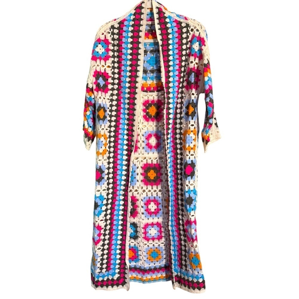 POL Multicolor Granny Square Crochet Kimono Cardigan Boho Festival Duster NWT - Picture 5 of 9
